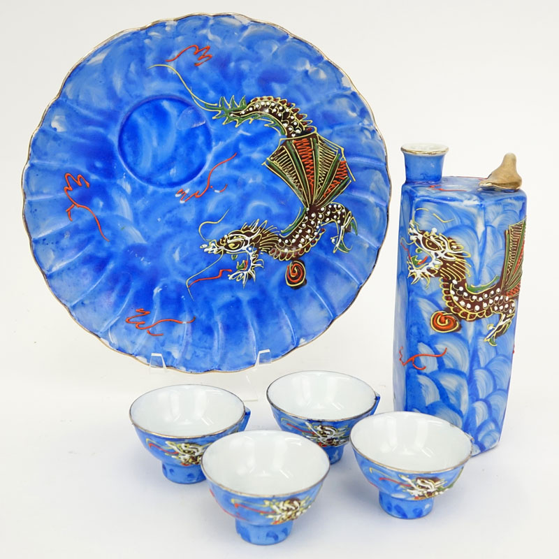 Six (6) Piece Vintage Japanese Blue Dragonware Sake Set.