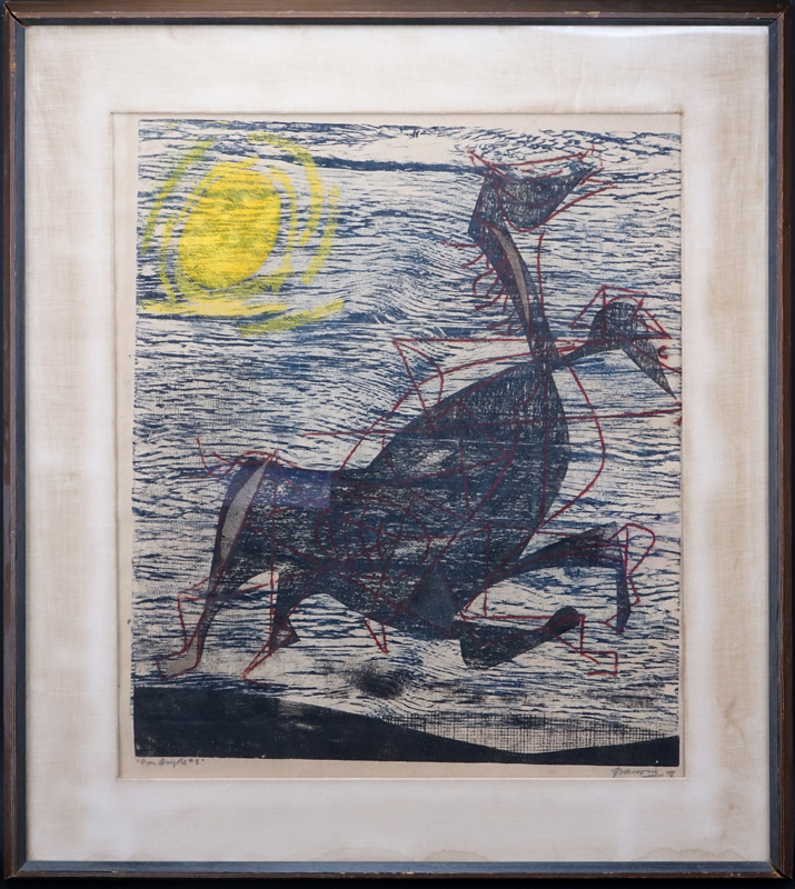 Antonio Frasconi, Argentine (b. 1919) Original color woodcut "Don Quijote #5". 