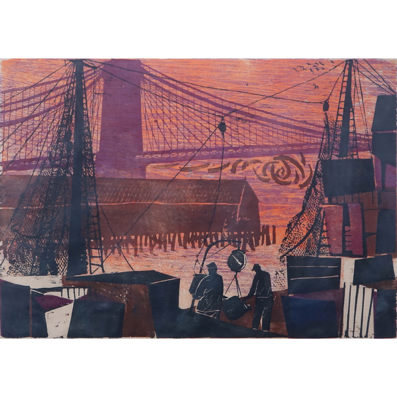 Antonio Frasconi, Argentine (b. 1919) Original color woodcut "'Fulton Street Fish Market".