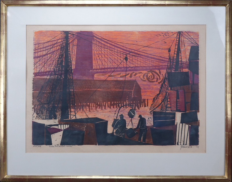 Antonio Frasconi, Argentine (b. 1919) Original color woodcut "'Fulton Street Fish Market".