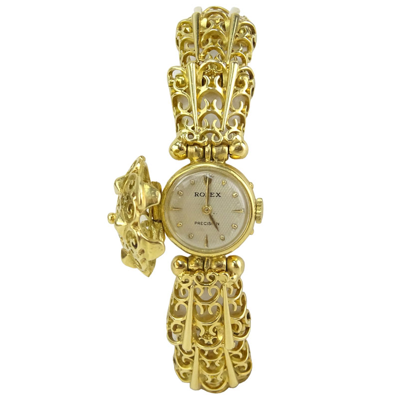 Lady's Vintage and Rare Rolex Precision 18 Karat Yellow Gold Link Bracelet Watch.