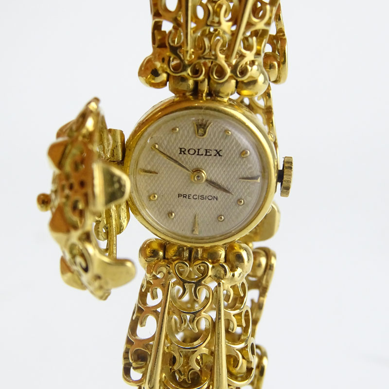 Lady's Vintage and Rare Rolex Precision 18 Karat Yellow Gold Link Bracelet Watch.