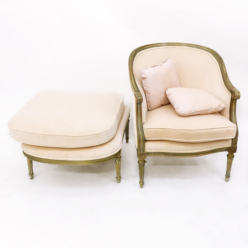 Mid to Late 20th C. Louis XVI Style Carved and Upholstered Barrel Back Bergere Chair and Ottoman.