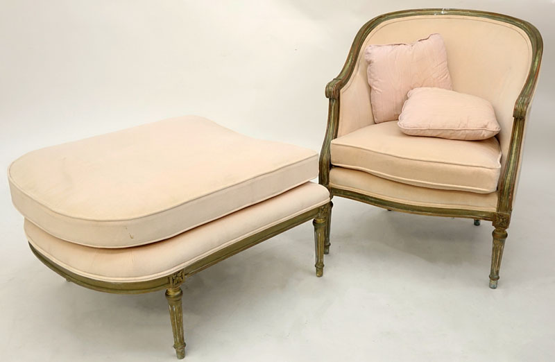 Mid to Late 20th C. Louis XVI Style Carved and Upholstered Barrel Back Bergere Chair and Ottoman.