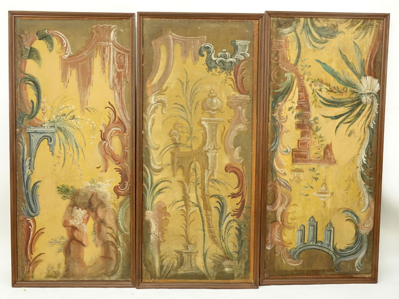 Six (6) Early to Mid 20th Century Rococo Chinoiserie style Stage Scenery Oils on Canvas Mounted on Panel.