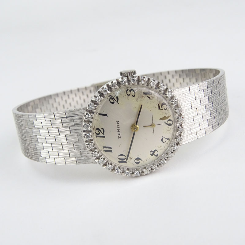 Lady's Vintage Zenith 18 Karat White Gold Bracelet watch with Diamond Bezel.