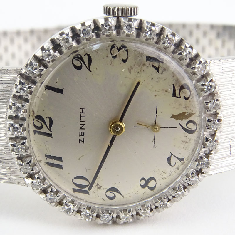 Lady's Vintage Zenith 18 Karat White Gold Bracelet watch with Diamond Bezel.