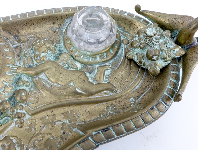 Art Nouveau Style Gilt Bronze Inkwell. Rubbing to gilt, patina, nicks and loss  to one ink holder. 