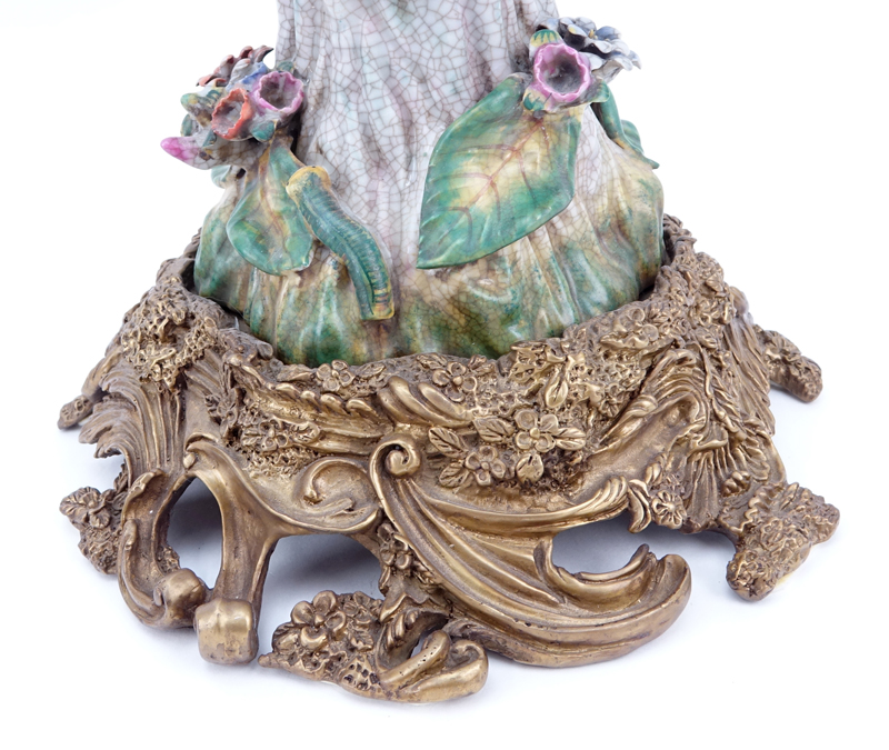 Pair of Modern Meissen Style Bronze Mounted Porcelain Bird Candleholders.