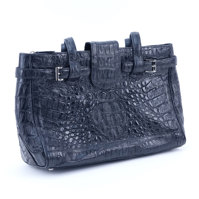 Nina Raye Black Crocodile Satchel. Suede interior with numerous pockets. Magnetic closure.