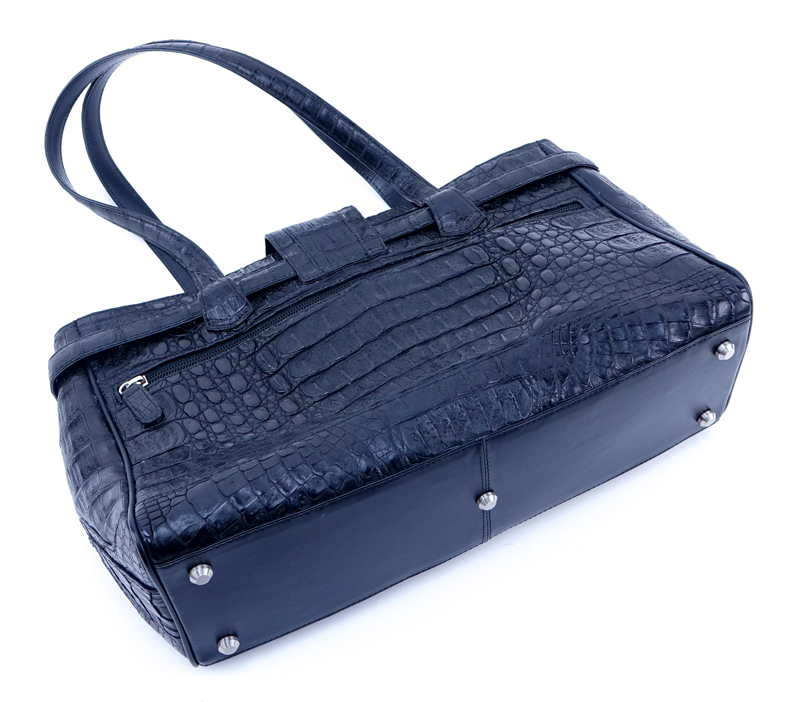 Nina Raye Black Crocodile Satchel. Suede interior with numerous pockets. Magnetic closure.