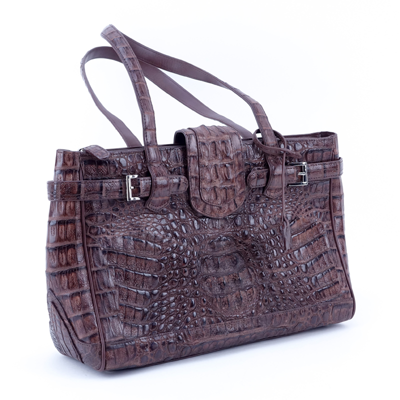 Nina Raye Brown Crocodile Satchel. Suede interior with numerous pockets.