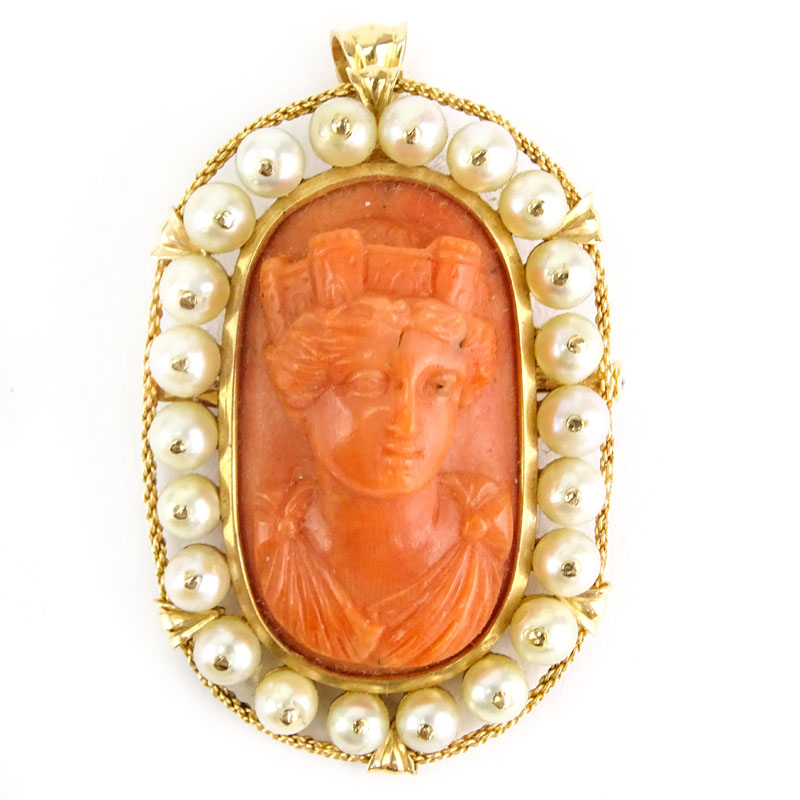 Antique Italian Carved Red Coral, Pearl and 18 Karat Yellow Gold Pendant Brooch. 