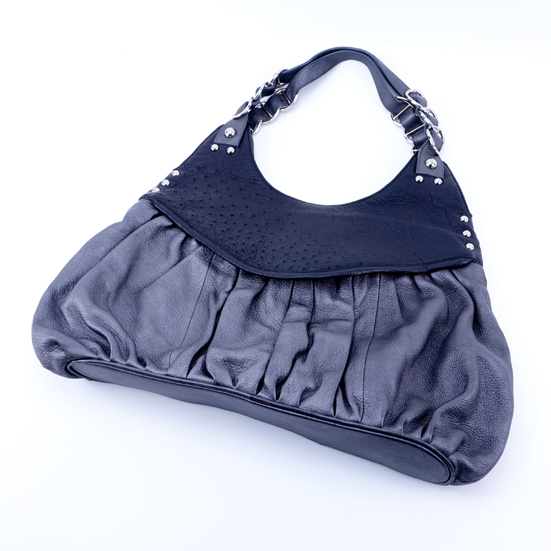 Large Nina Raye Gray and Black Ostrich and Leather Hobo Bag.