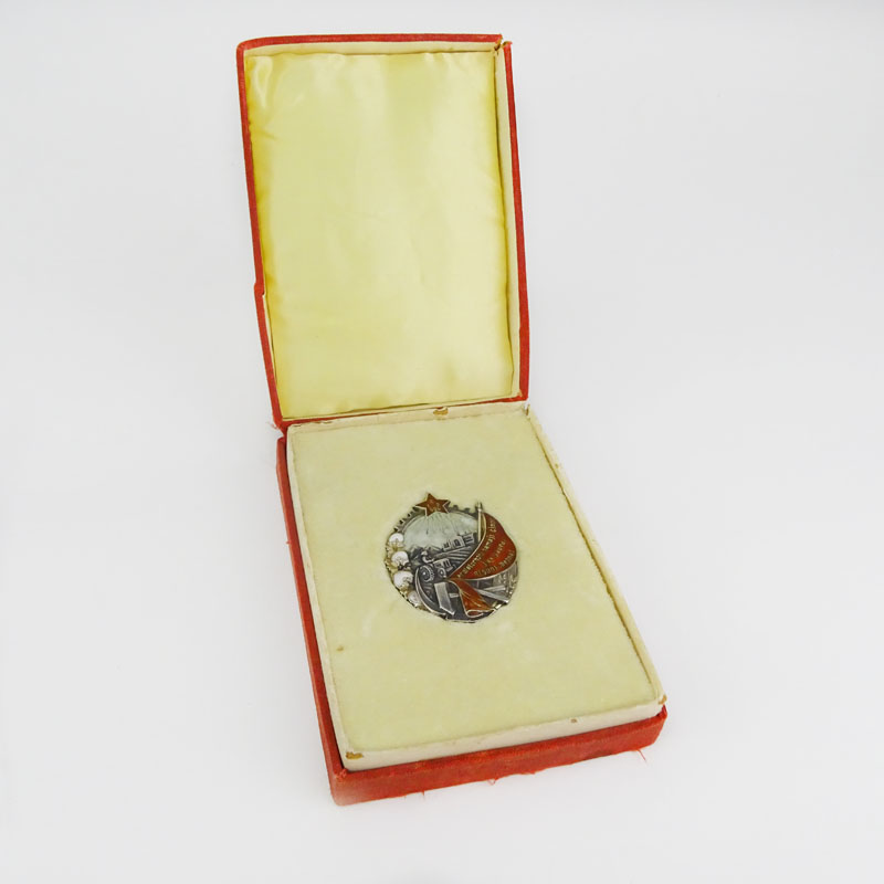 Russian / Uzbek Probably 84 Silver and Enamel Badge / Medal with Fitted Presentation Box.