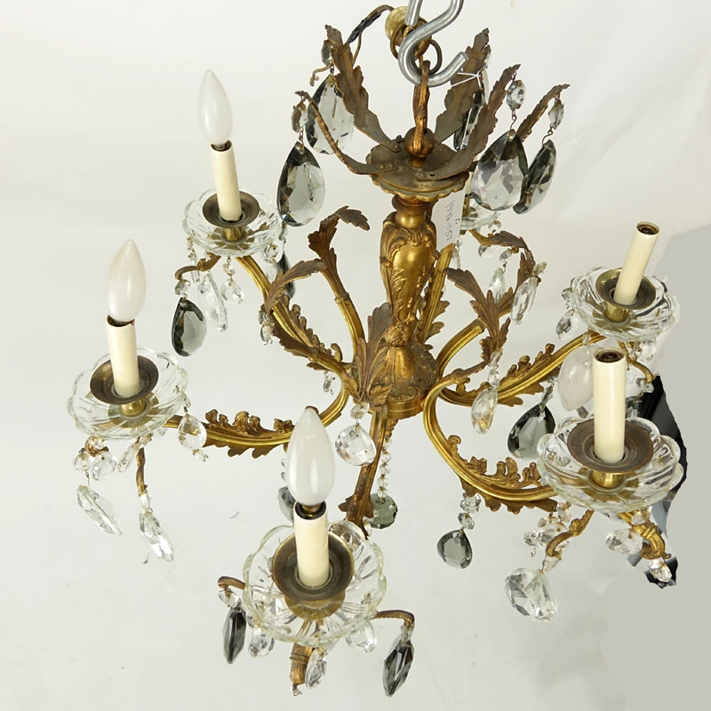 Mid Century Gilt Brass Six-Light Chandelier with Hanging Prism.