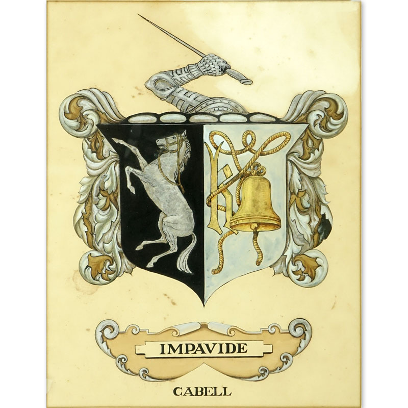 Antique Painting of Impavide Cabell Coat of Arms on Paper.