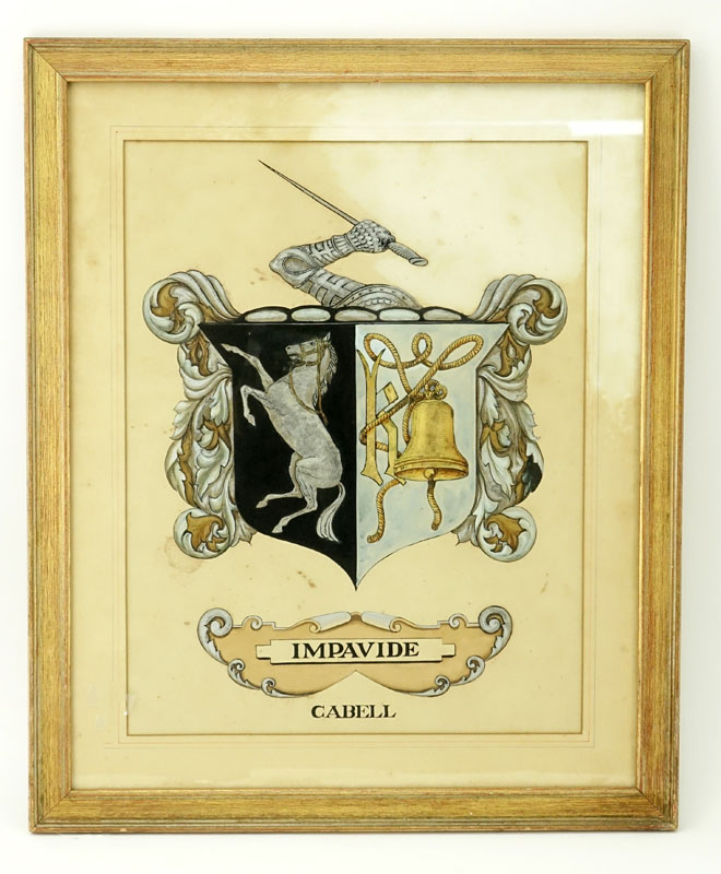Antique Painting of Impavide Cabell Coat of Arms on Paper.