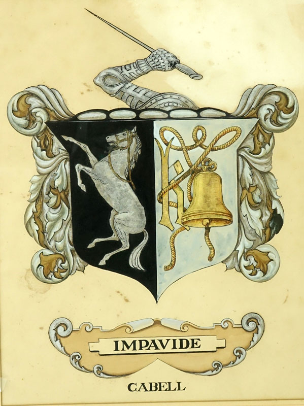 Antique Painting of Impavide Cabell Coat of Arms on Paper.