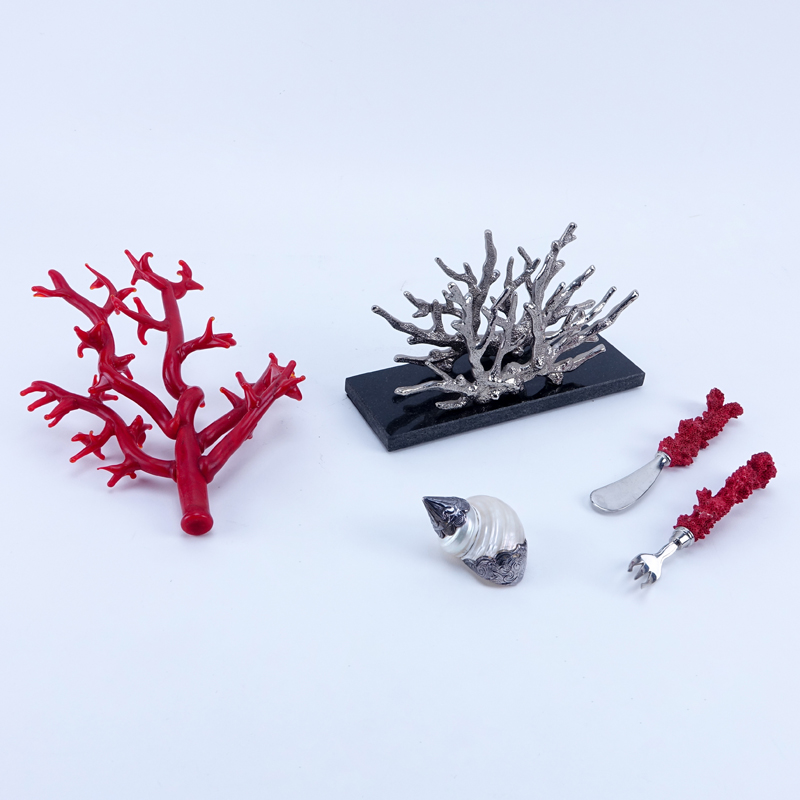 Michael Aram Ocean Coral Vertical Napkin Holder along with red glass coral specimen decoration, coral motif appetizer knife and for set and metal mounted sea shell. 