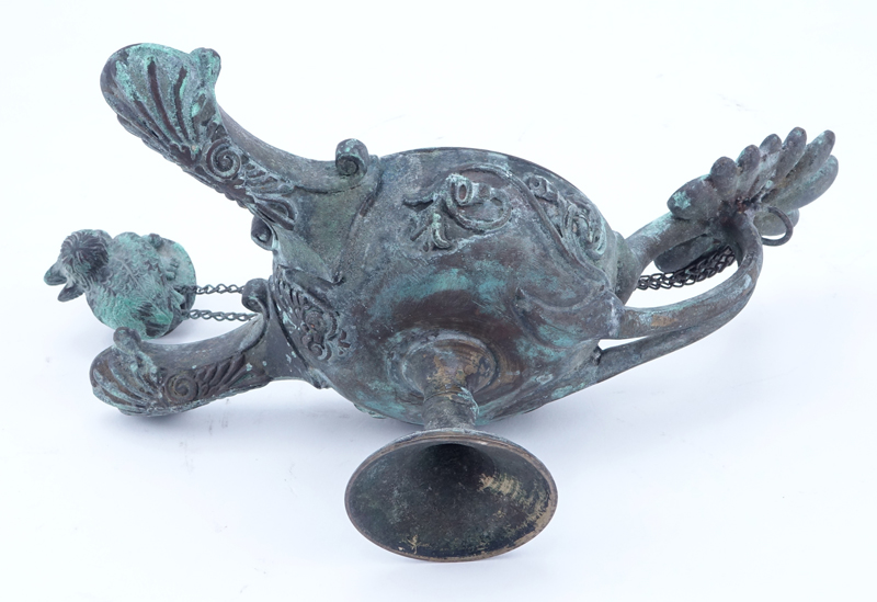 Ancient Style Roman Bronze Oil Lamp with Two Nozzles.