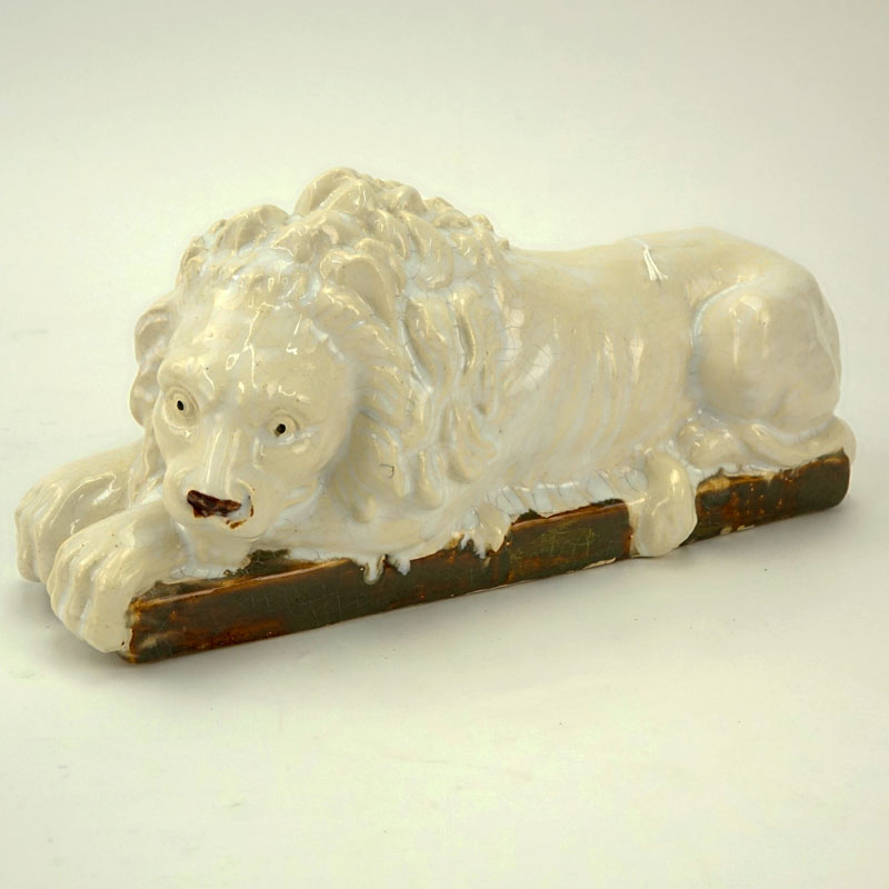 Glazed Porcelain Lion Sculpture Modeled After Antonio Canova.