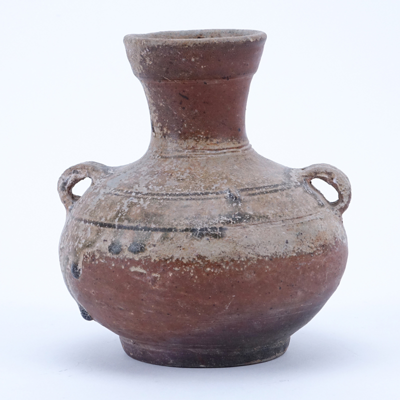 Chinese Yuan Dynasty or After Glazed Pottery Handled Amphora Vessel, Polychrome with swirl and key neck ring.