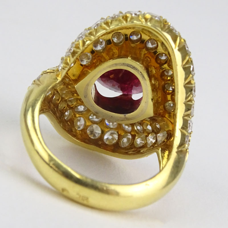 Vintage Large Oval Cut Burma Ruby, Approx. 4.0 Carat Round Brilliant Cut Diamond and 18 Karat Yellow Gold Ring. 