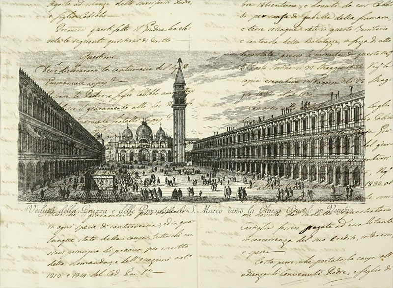 18th Century Hand Written Manuscript With Imprint Of St Mark's Square, Venice.