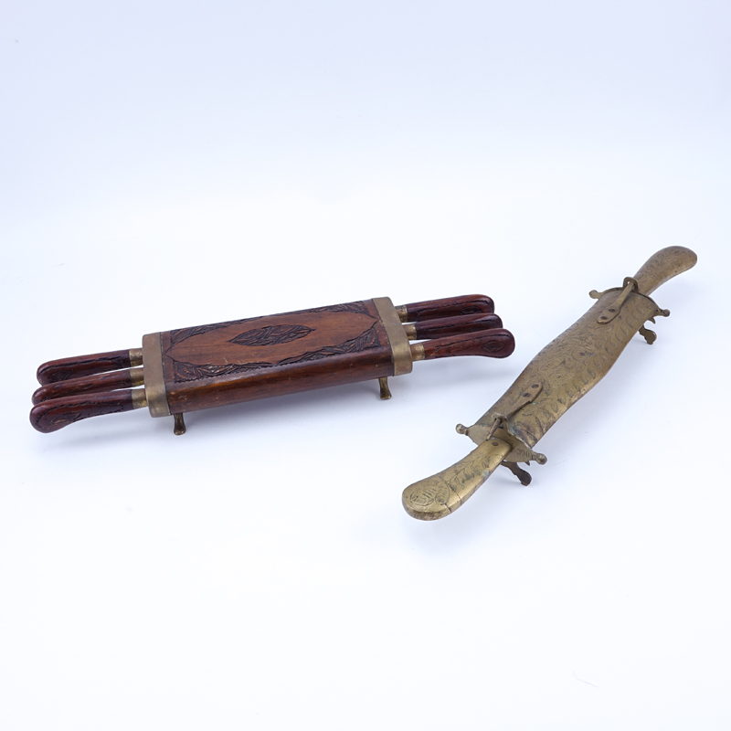 Two (2) Vintage Indian Carving Sets. One with etched brass case and other with carved wooden case.