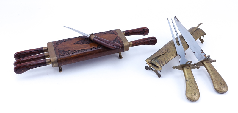 Two (2) Vintage Indian Carving Sets. One with etched brass case and other with carved wooden case.