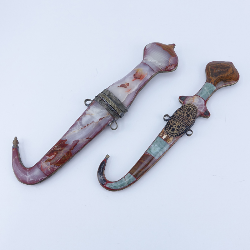 Two (2) Early to Mid 20th C. Agate Inlaid Jambiya Daggers.