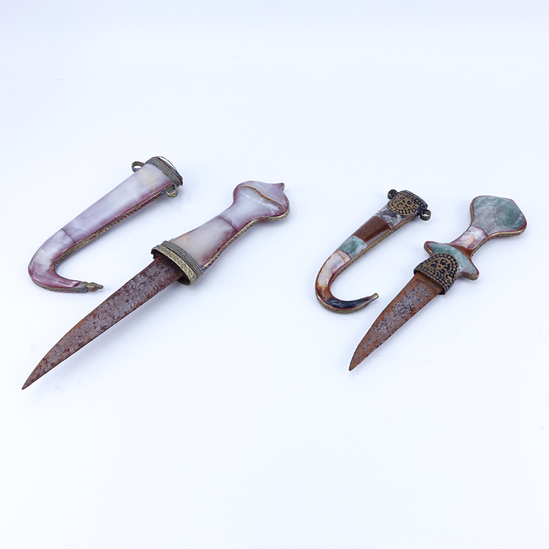 Two (2) Early to Mid 20th C. Agate Inlaid Jambiya Daggers.