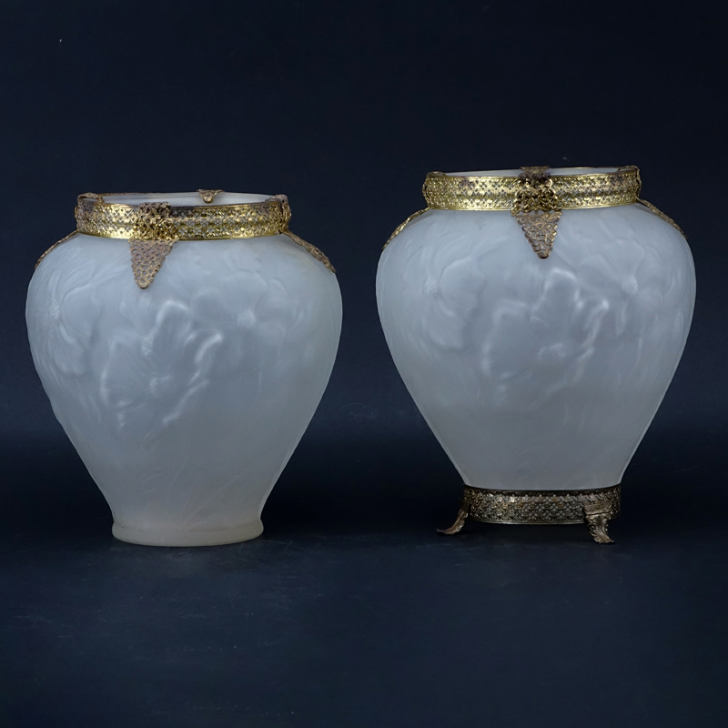 Pair Vintage Frosted Glass Vases With Reticulated Brass Mountings.