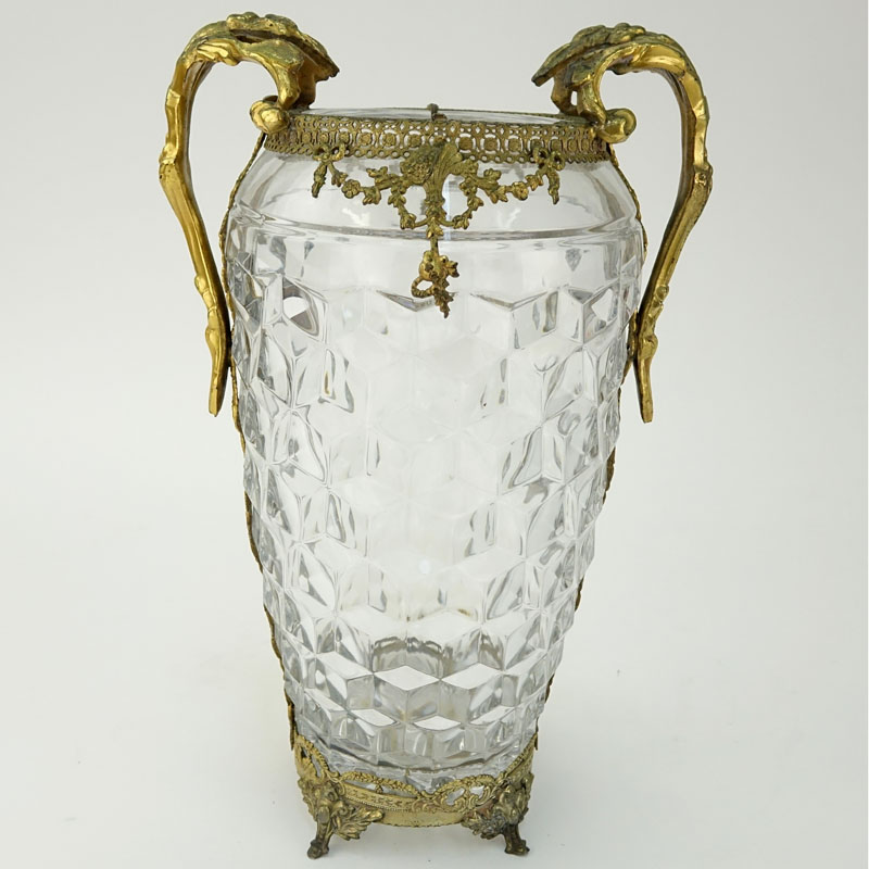 Antique French Baccarat Style Glass Vase with Brass Mounts.