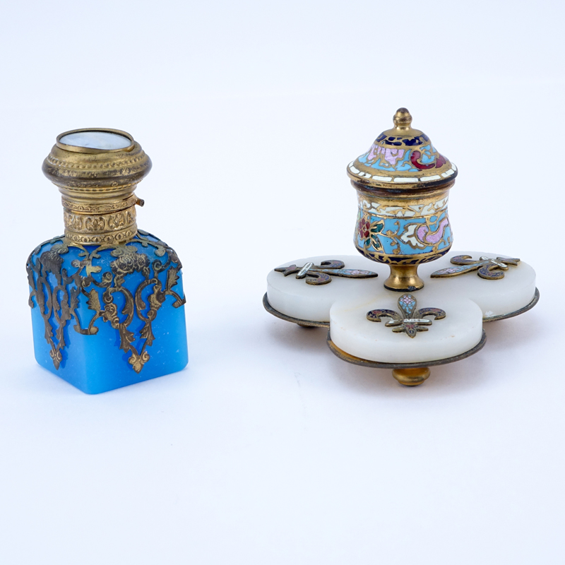 19th C. French Champlevé Enamel and Onyx Ink Stand along with Opaline Bronze Mounted Scent Bottle.