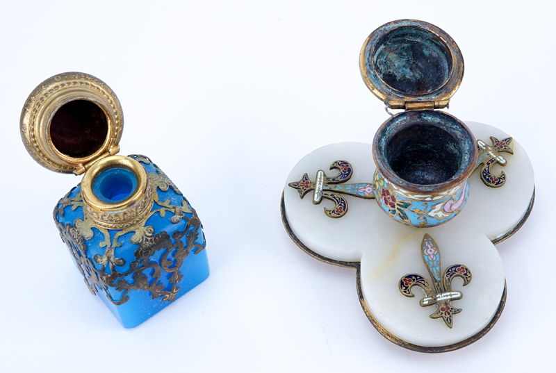 19th C. French Champlevé Enamel and Onyx Ink Stand along with Opaline Bronze Mounted Scent Bottle.