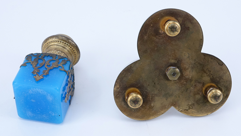 19th C. French Champlevé Enamel and Onyx Ink Stand along with Opaline Bronze Mounted Scent Bottle.