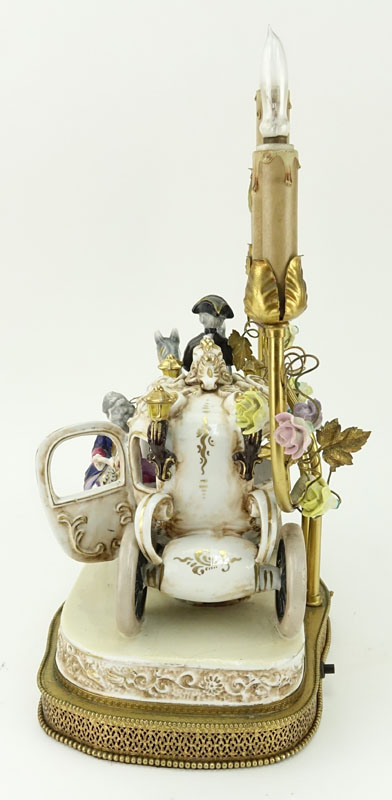 Vintage Dresden Porcelain Horse Drawn Carriage Group Now As A Lamp. No visible signature.