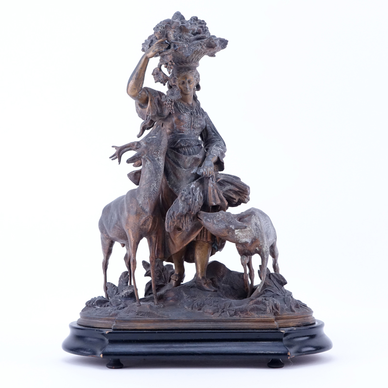 Victorian Style French Metal Group of a Woman with Deer and Stag on Wooden Base.