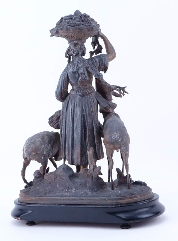 Victorian Style French Metal Group of a Woman with Deer and Stag on Wooden Base.