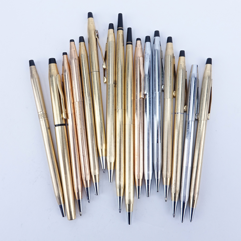 Collection of Sixteen (16) Vintage Cross Pens Including Fifteen (15) Ball Point, One (1) Felt Tip. Thirteen (13) Gold Filled, Three (3) Chrome. 