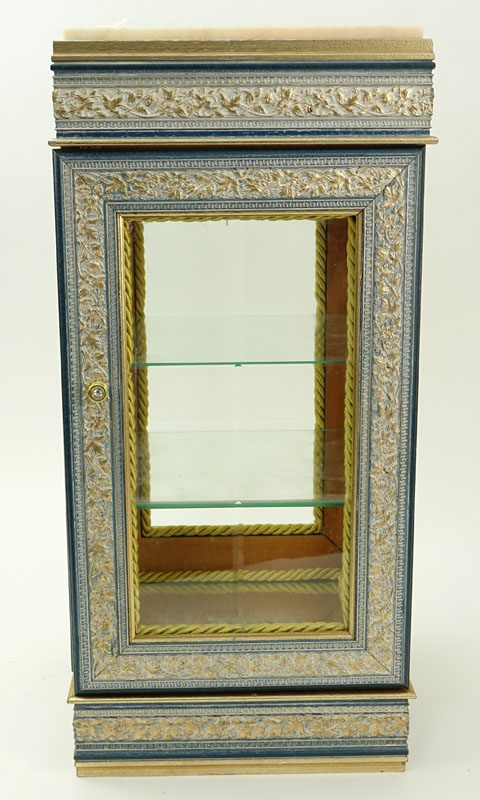 Small Modern Painted Display Cabinet. Lined interior with glass shelves.