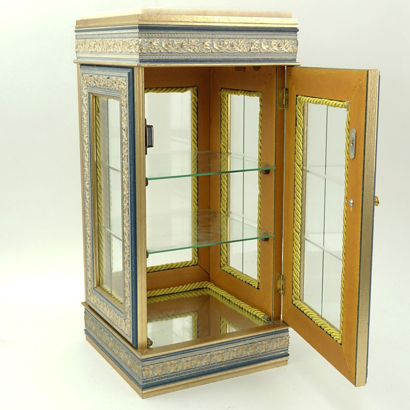 Small Modern Painted Display Cabinet. Lined interior with glass shelves.