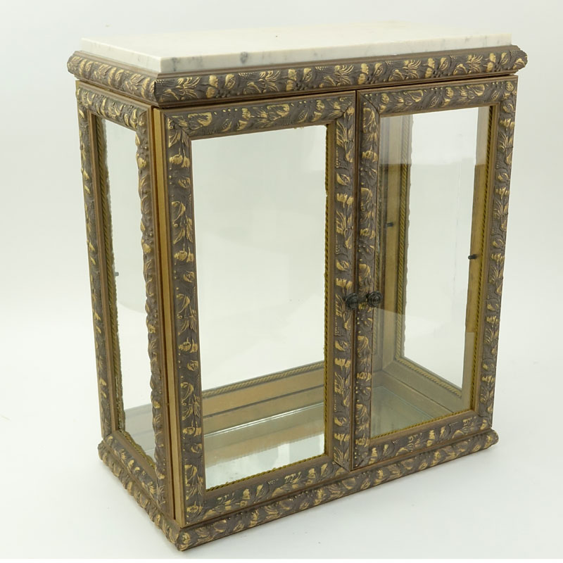 Small Vintage Curior Cabinet. Wood frame with glass and mirrored shelves.