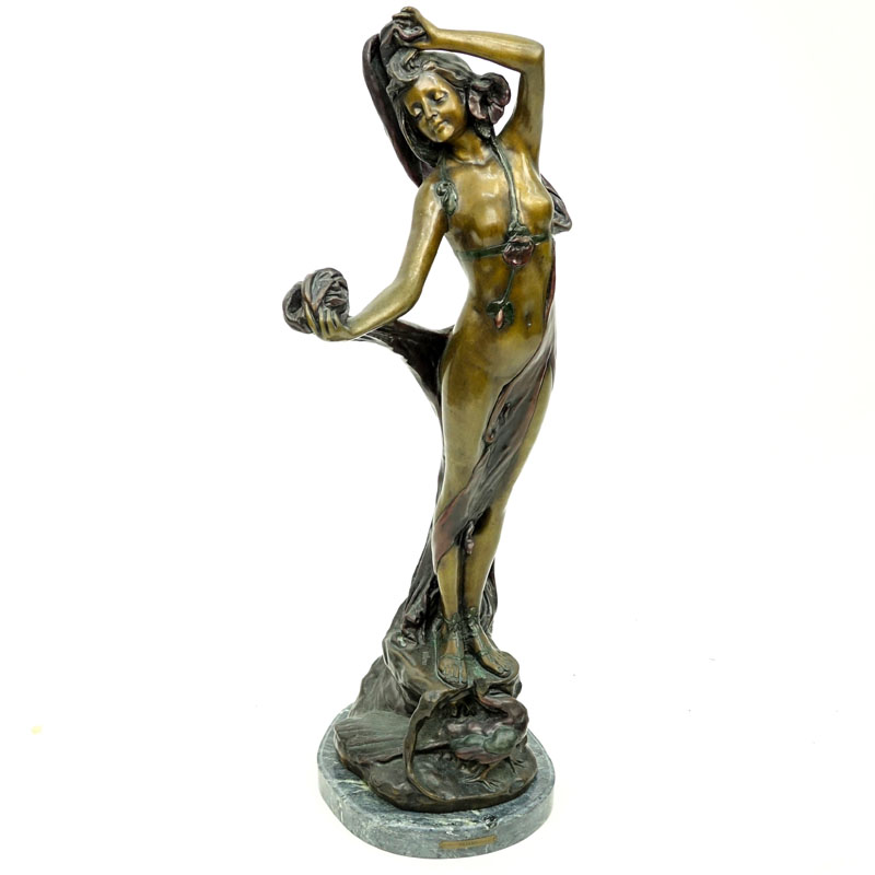 After: Emmanuel Villanis, French (1858-1914) Draped Nude Patinated Bronze Sculpture on Green Marble Base. 