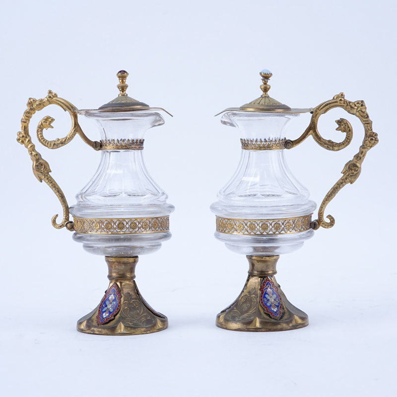 Pair of Antique French Gilt Bronze And Cloisonné Miniature Ewers.