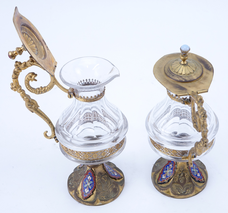 Pair of Antique French Gilt Bronze And Cloisonné Miniature Ewers.