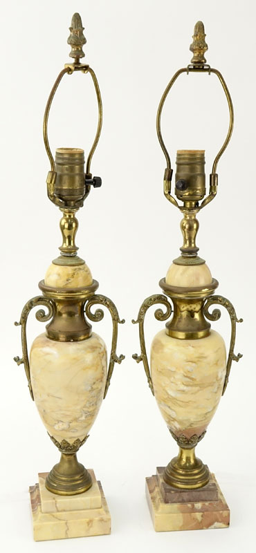 Pair of Antique Italian Marble and Bronze Urn Lamps.