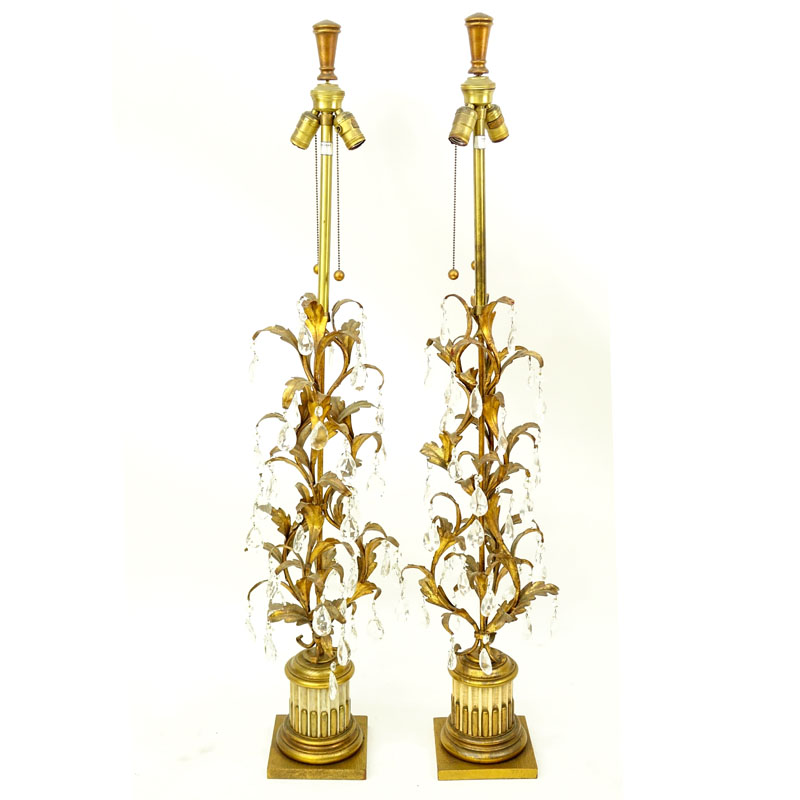 Pair of Mid Century Marbro Italian Florentine Tole and Carved Wood Lamps with Hanging Prisms.